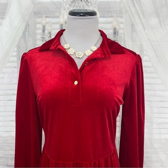 Jude Connally Size Small Ruby Red Henley Velvet Dress Collared Long Sleeve Mini - Picture 3 of 11